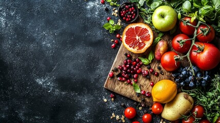 Fresh fruits on dark textured background