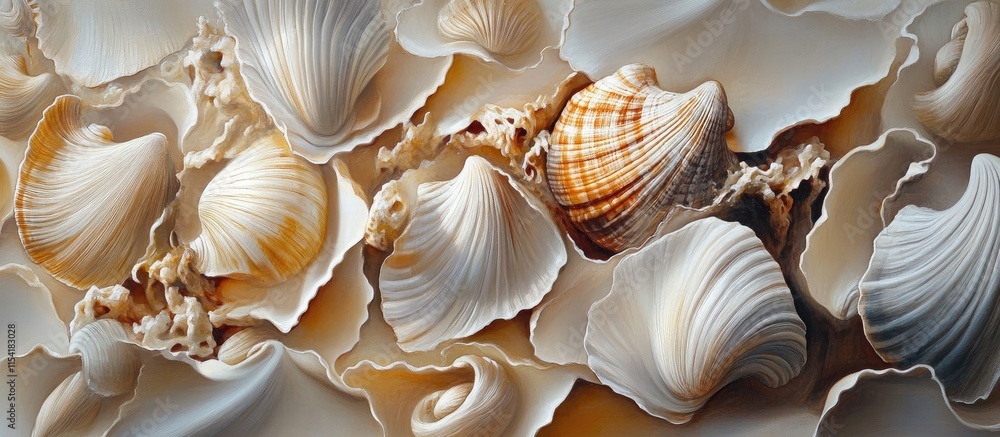 Poster delicate composition of seashells showcasing intricate textures and soft colors on a sandy backgroun