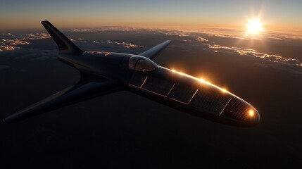 Futuristic Solar-Powered Aircraft Soaring Above the Clouds at Sunset
