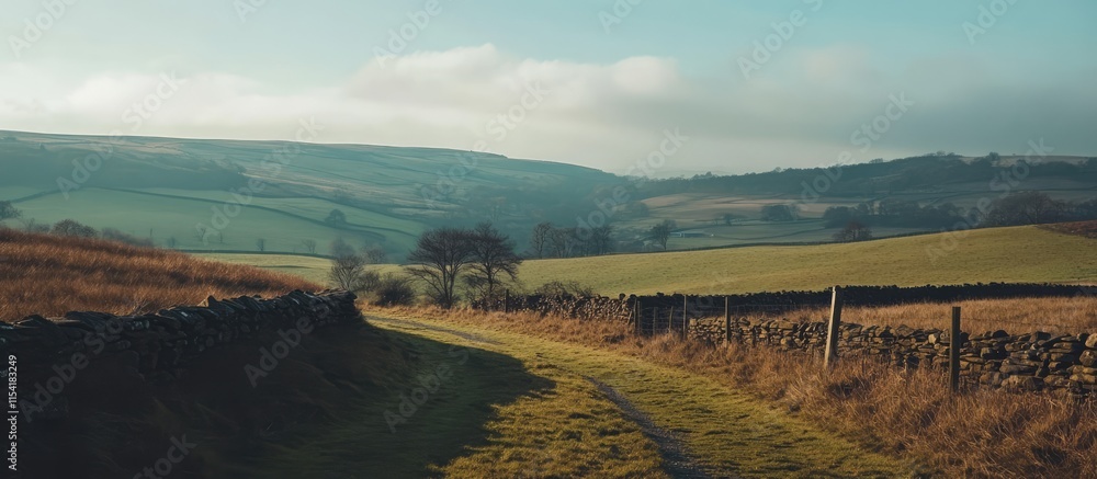 Poster serene countryside landscape with winding path through rolling fields and distant moorland under a c