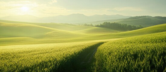 Obraz premium Tranquil green hills under a soft golden sunrise with distant mountains creating a serene natural landscape scene.