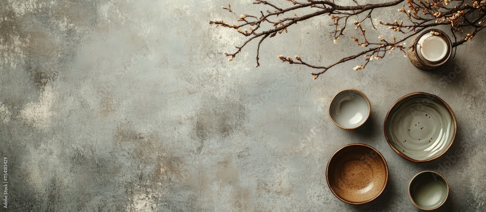 Poster vintage table setting with rustic dishware and a branch on a textured grey background offering ample
