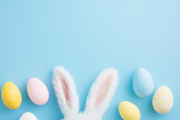 Easter Bunny Ears and Colorful Eggs on Lilac Background Perfect for Holiday and Spring Vibes