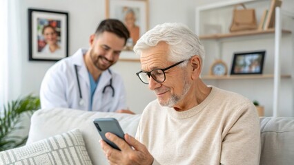 Fototapeta premium Elderly man using smartphone while sitting on sofa with doctor assisting him in the background, showcasing the concept of technology and healthcare for seniors