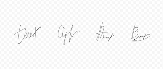 Naklejka premium Fake signatures. Fake autograph. Personal signature calligraphy. Contrived signature. Various autographs for documents. Ink autograph 
