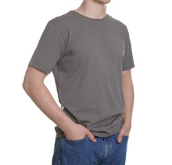 Obraz premium Man in stylish t-shirt on white background, closeup. Mockup for design