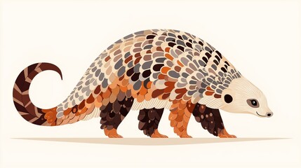 Obraz premium A minimalistic illustration of a pangolin walking, featuring a colorful, patterned body with shades of brown and cream