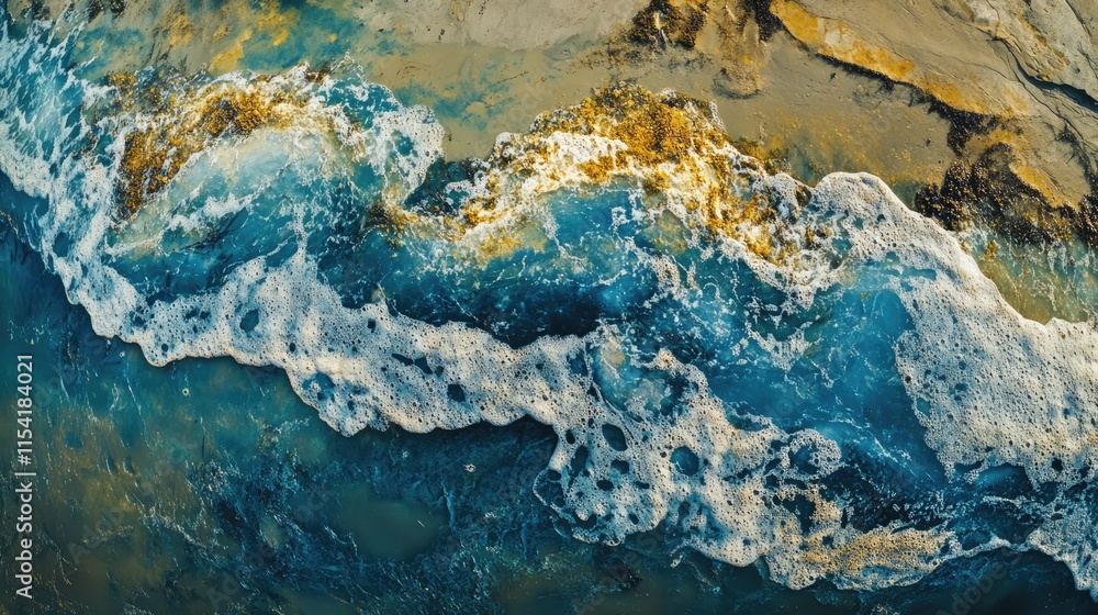 Poster aerial view of sea waves splashing over a rocky seabed showcasing vibrant blue hues and dynamic patt