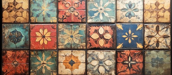 Rustic multicolored ceramic tiles with intricate patterns ideal for enhancing home interiors and decoration in various textile applications