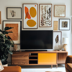 stylish living room featuring modern TV stand with orange cabinet, surrounded by framed artwork on wall. decor includes plants and cozy atmosphere