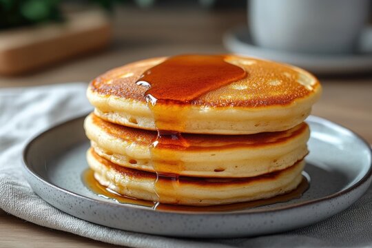 A stack of three golden-brown pancakes drizzled with maple syrup.