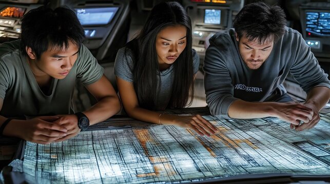 A diverse team of engineers focused on analyzing a digital map in a futuristic setting - Powered by Adobe