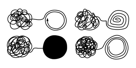 Unraveling line, single thread. Untangling lines set. Abstract tangled disorder line turns into spiral order line. Chaos and order business concept vector illustration isolated on white background.