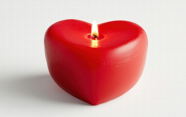A single red heart-shaped candle glowing brightly, isolated on a clean white background