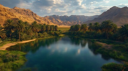 Fototapeta premium Oasis in a mountain valley with palm trees and calm water reflecting the sky.