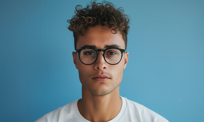 Young mixed man in glasses standing in front of simple blue background. He is IT worker, programmer, smart, student, freelancer, millenial, intellectual. Business, economics, finance, computers.