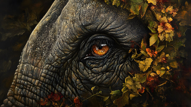 A close-up of an elephant’s eye and skin texture, emphasizing its gentle nature and unique features - Powered by Adobe