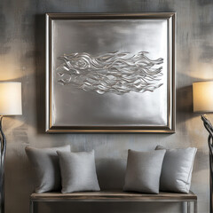 modern silver framed wall art piece featuring abstract waves and fish design, enhancing contemporary decor of stylish living space