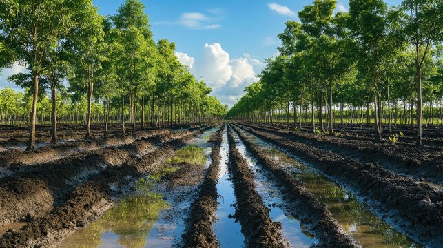 Rows of healthy trees in a plantation illustrating sustainable land use and combating rainforest deforestation and climate change impacts.