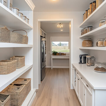 spacious walk in pantry featuring organized shelves with baskets and jars, perfect for storage and easy access. bright, modern design enhances functionality and style