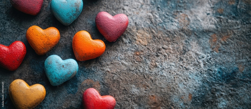 Poster colorful toy hearts arranged on a textured backdrop captured from above showcasing a playful and cha