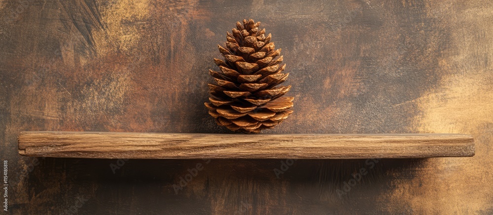 Poster rustic pine cone artfully displayed on a weathered wooden shelf against a textured background for a 