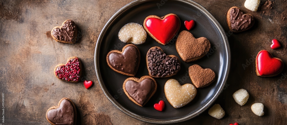 Poster heart-shaped cookies and candies arranged on a dark table surface creating a romantic and festive di