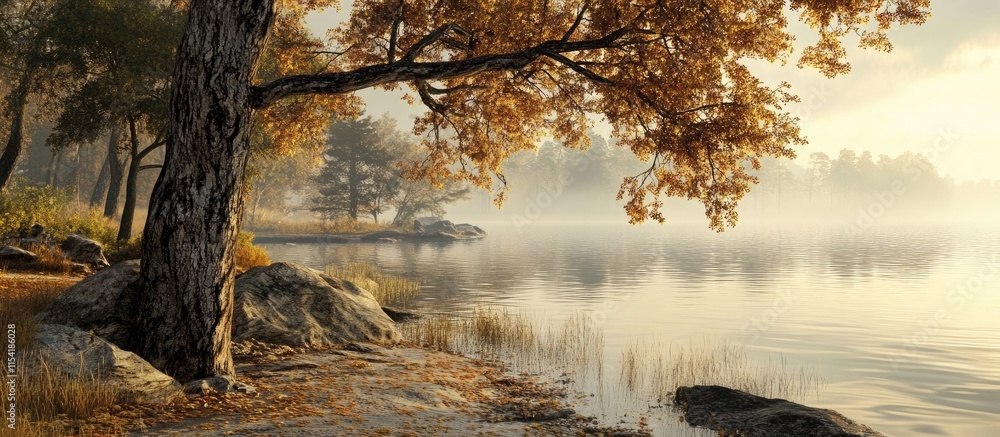 Aufkleber serene morning view of a calm lake shore surrounded by trees and gentle fog creating a tranquil natu