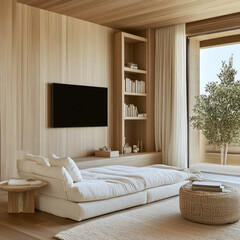 modern residential office design featuring cozy lounge area with large sofa, wooden accents, and serene view of nature. space is bright and inviting