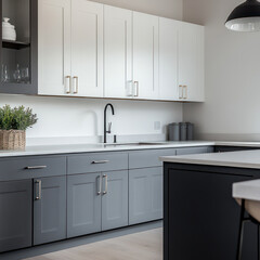 Modern kitchen with light gray and dark gray cabinets, sleek design, and minimalist decor. space features stylish sink and elegant hardware, creating contemporary atmosphere