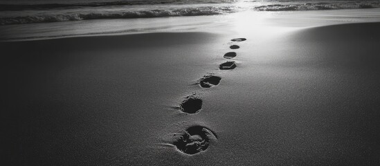 Obraz premium Footprints on the beach leading into the ocean creating a sense of tranquility and exploration in black and white photography