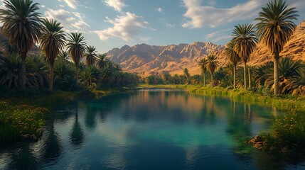 Oasis, serene desert landscape with palm trees, mountains, and a calm river reflecting the sky.