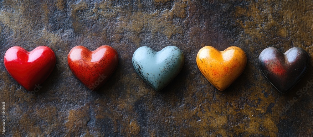 Poster colorful toy hearts arranged on a textured surface creating a visually appealing aerial composition.