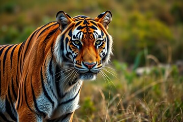 Obraz premium there is a tiger walking through a grassy field with trees in the background