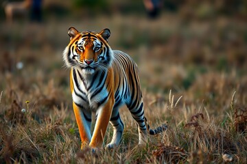 Fototapeta premium there is a tiger walking through a field of tall grass