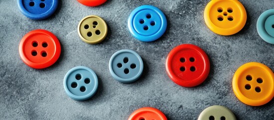 Fototapeta premium Colorful plastic buttons scattered on a textured grey desk surface for crafting and sewing creative projects