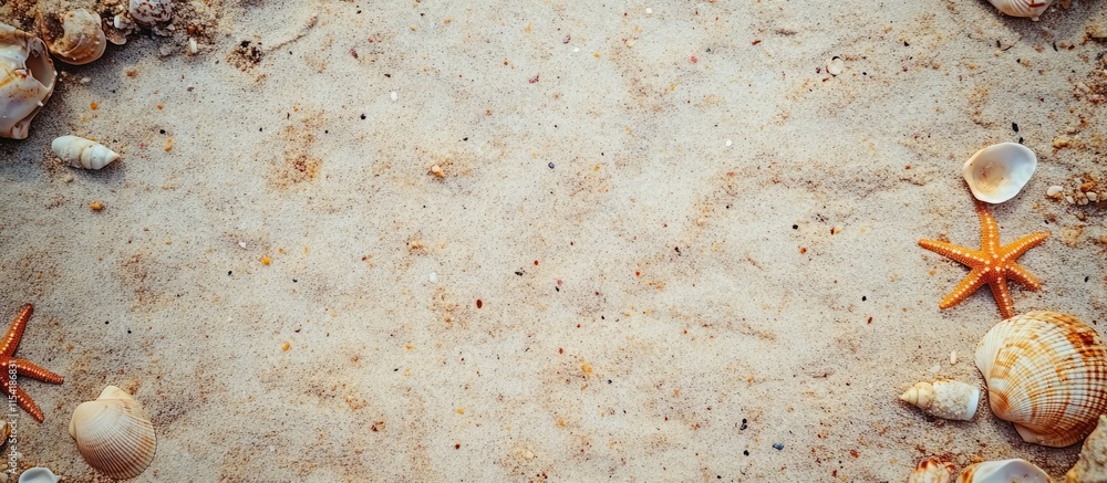 Poster seashells and starfish arranged on sandy beach background with ample copy space for text or branding