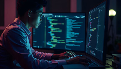 Programmer coding on dual monitors in a dimly lit workspace