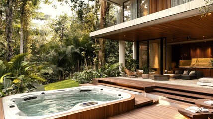 Modern luxury home with outdoor hot tub and deck overlooking lush jungle.
