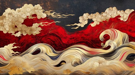Abstract oriental waves landscape with gold clouds and red mountains.