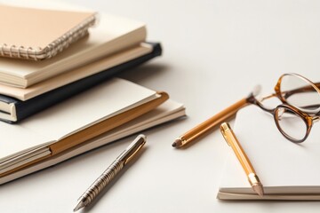Collection of stationary items with notepads, pens, and reading glasses arranged on a clean workspace