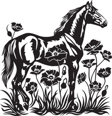 Stylized Horse and Flowers Vector Illustration Graphic