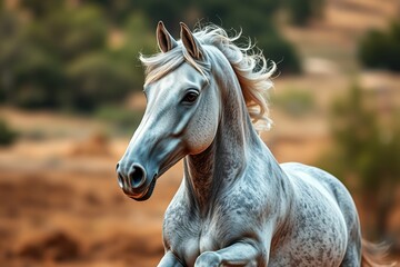 Obraz premium there is a white horse running in the field with trees in the background