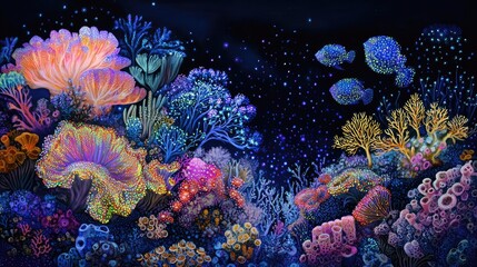 Fototapeta premium Vibrant Bioluminescent Coral Reef Ocean Scene