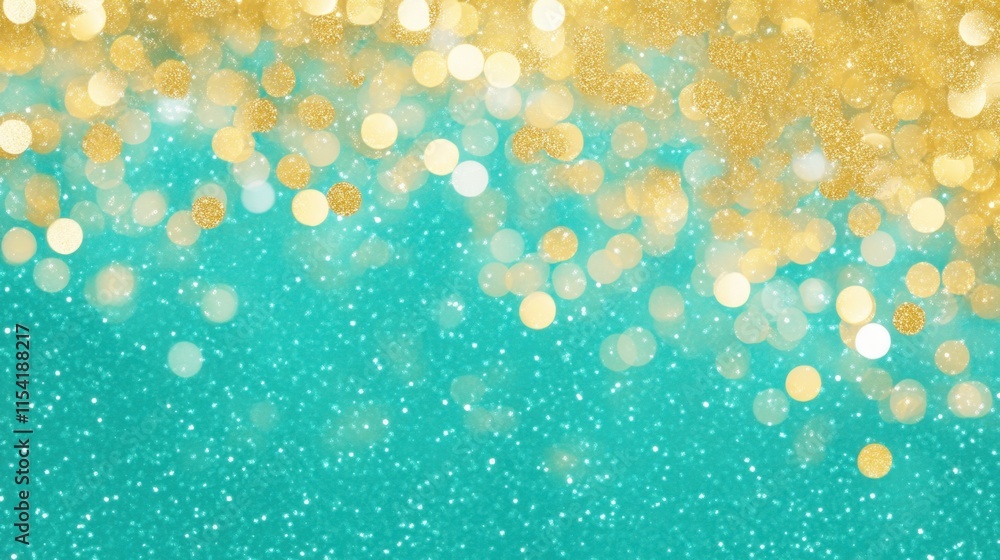 Poster golden and teal bokeh background with sparkling glitter effect