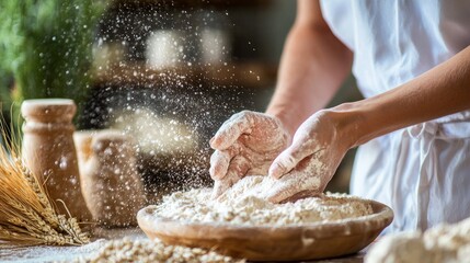Rustic hands kneading dough with flour