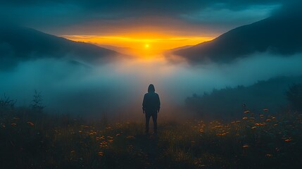 Solitary Figure in Misty Mountain Sunset