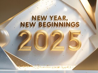 modern design featuring the words 'New Year, New Beginnings' in bold golden text on a soft, sparkling white background.