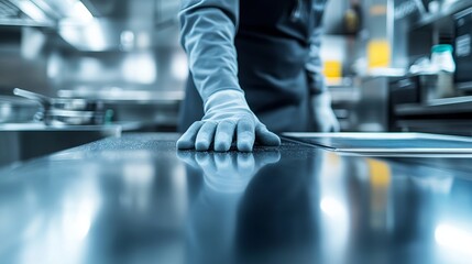 A person wearing gloves is cleaning a shiny industrial kitchen countertop with a focused hand gesture