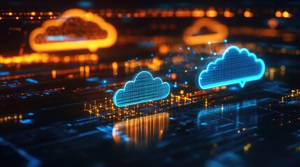 Obraz premium Futuristic Cloud Computing Technology Network with Digital Data Visualization